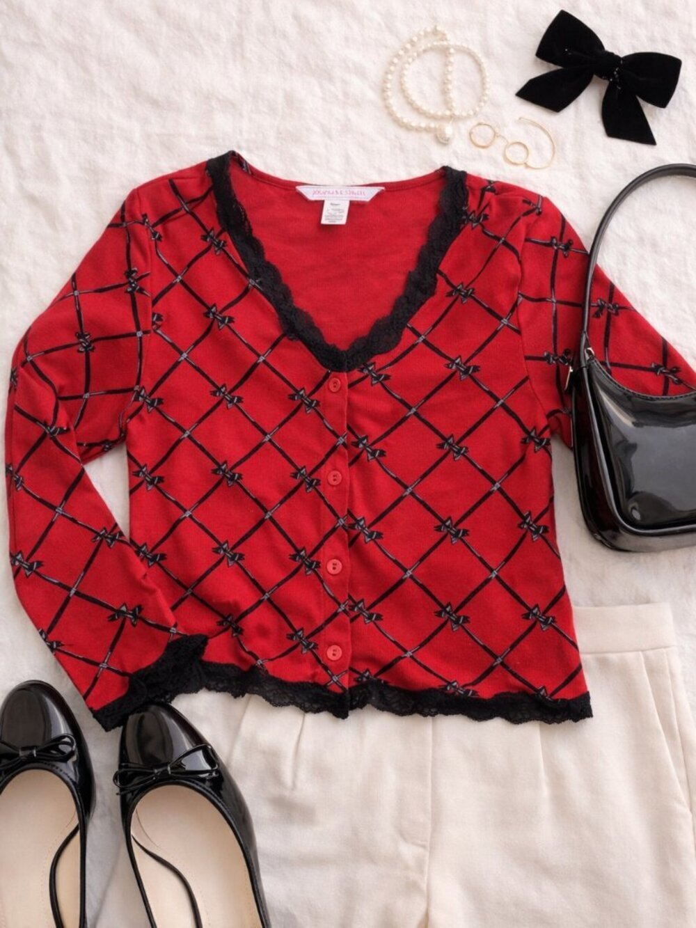 Victoria’s Secret Red Lace Trim Cardigan XS Y2K Bow Print Crop Top